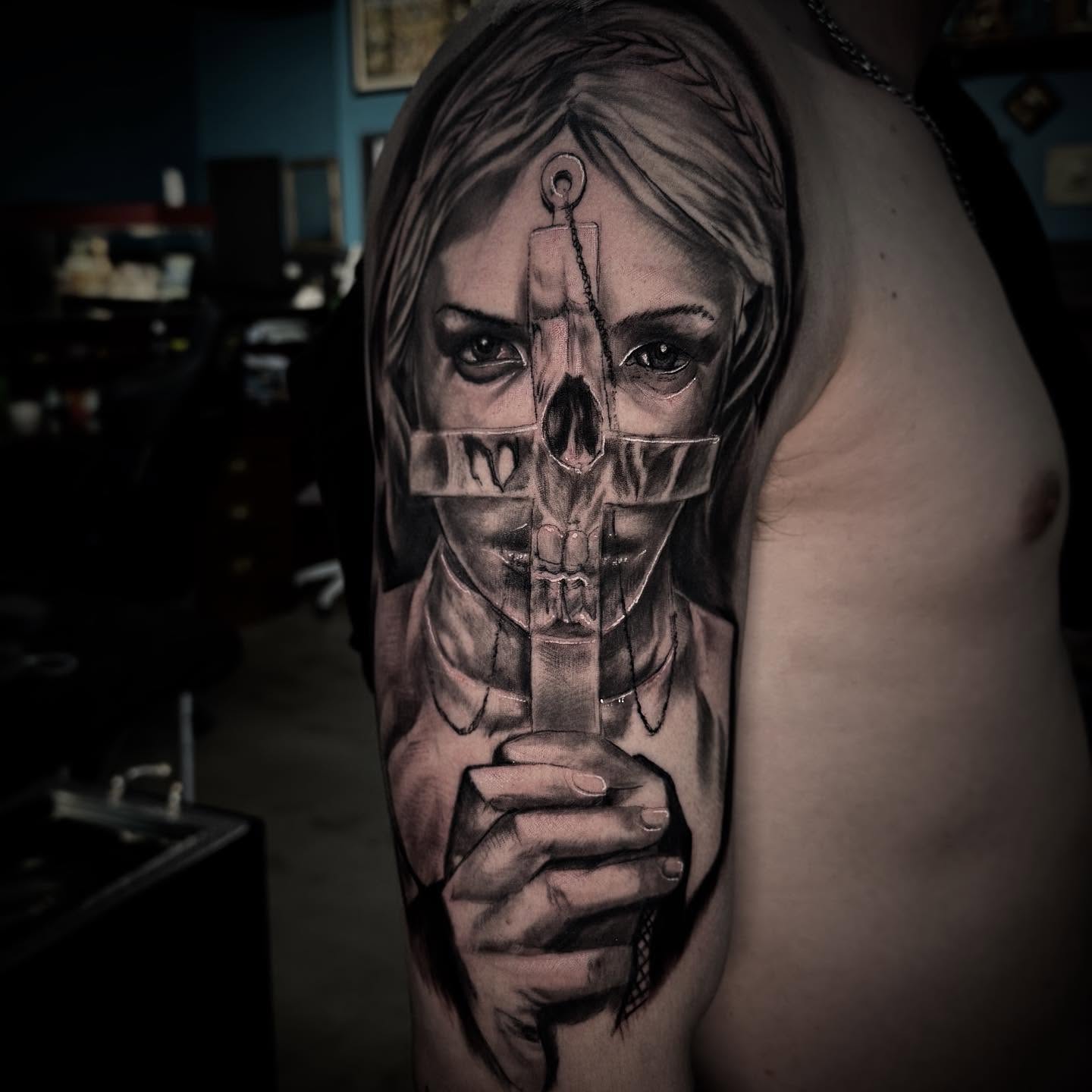 Skull & Portrait Half Sleeve — Realism tattoo by rachel