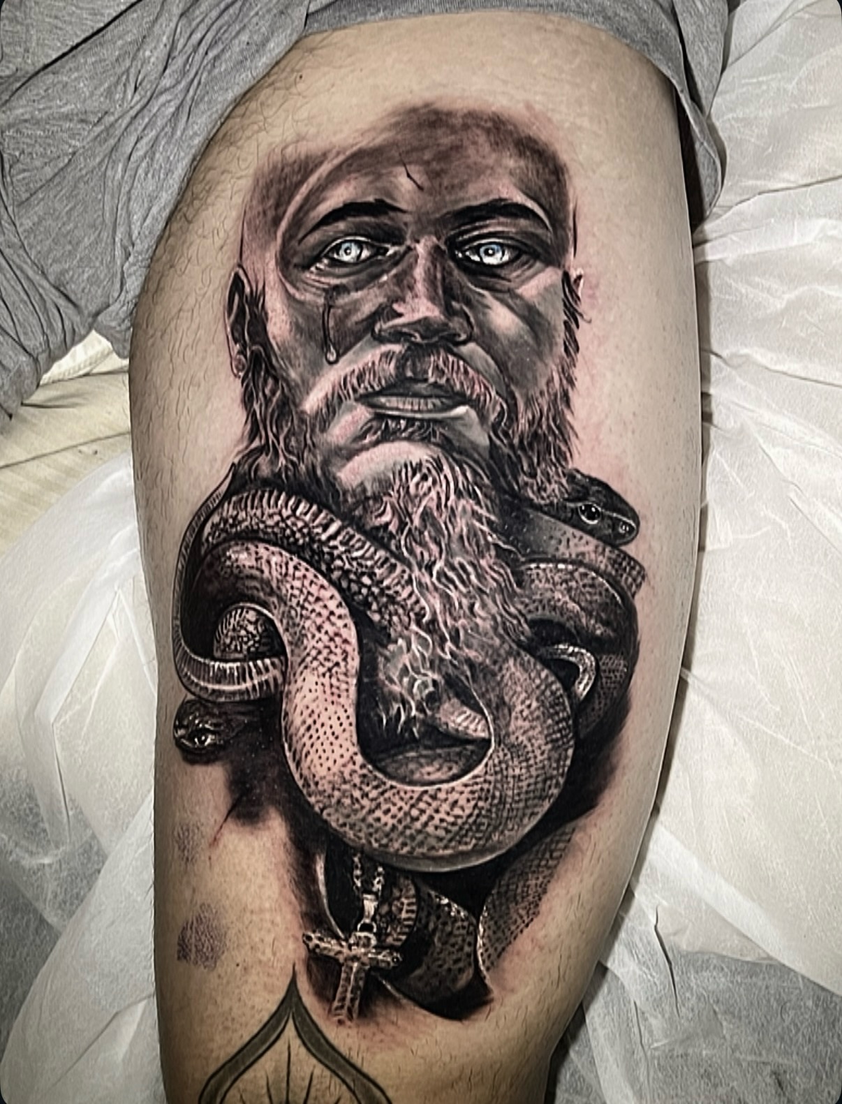 Viking & Serpent Thigh — Realism tattoo by rachel
